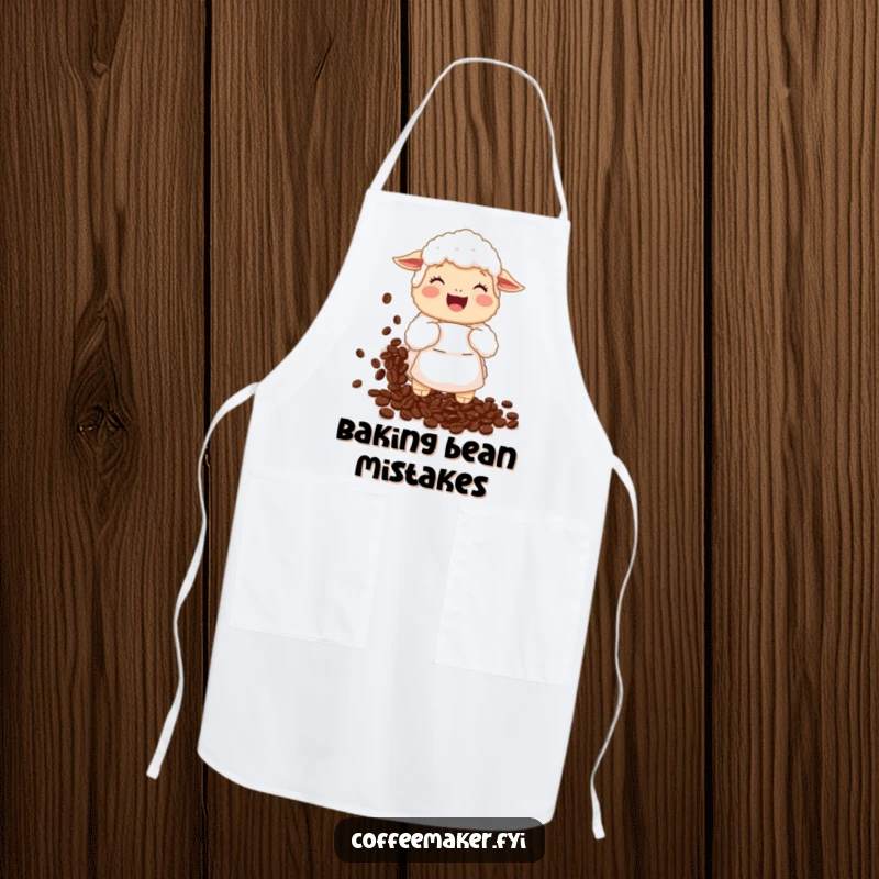 Funny Apron: A fluffy sheep wearing an apron giggles while spilling a huge amount of coffee beans in the kitchen.