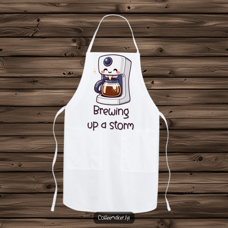 Funny Kawaii coffee maker character enthusiastically brewing, designed on a protective and humorous apron.