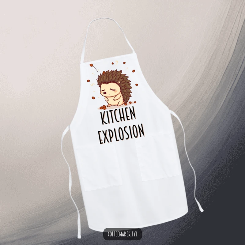 Funny hedgehog apron featuring a sleepy hedgehog in a coffee bean hat startled by a steam explosion.