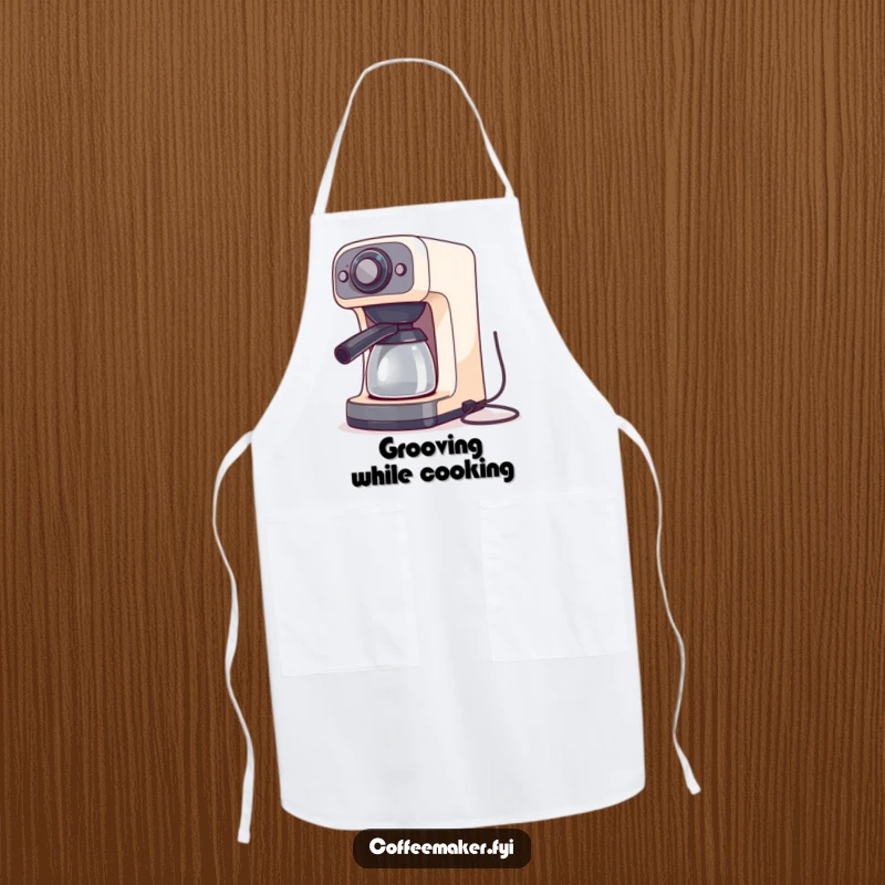 Funny coffee maker machine doing a silly dance with its cords, shown on a stylish and protective kitchen apron.