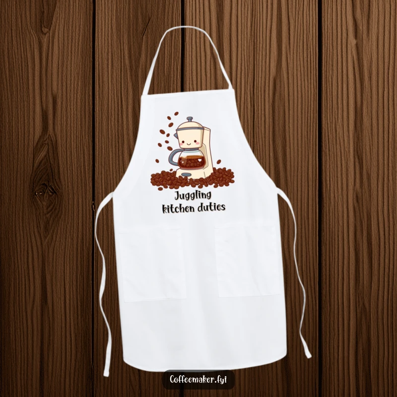 Funny coffee maker apron showing a coffee maker performing a juggling act with coffee beans using its spout, ideal for a humorous cook.