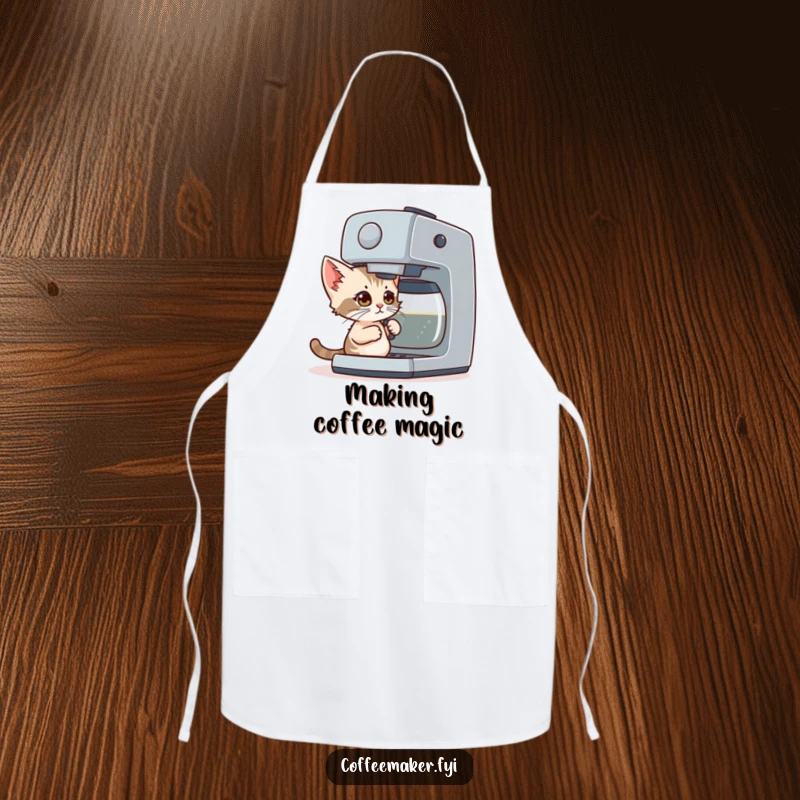 Funny Apron: A cute, determined tiny kitten tries to use a giant coffee maker, ready for kitchen fun.
