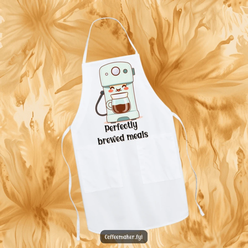 Funny apron featuring a proud coffee maker with a smile, serving a perfect cup, adding humor and protection to kitchen activities.
