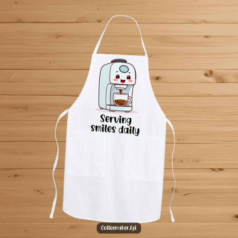 Funny, smiling coffee maker machine pouring coffee, featured on a practical and humorous kitchen apron.