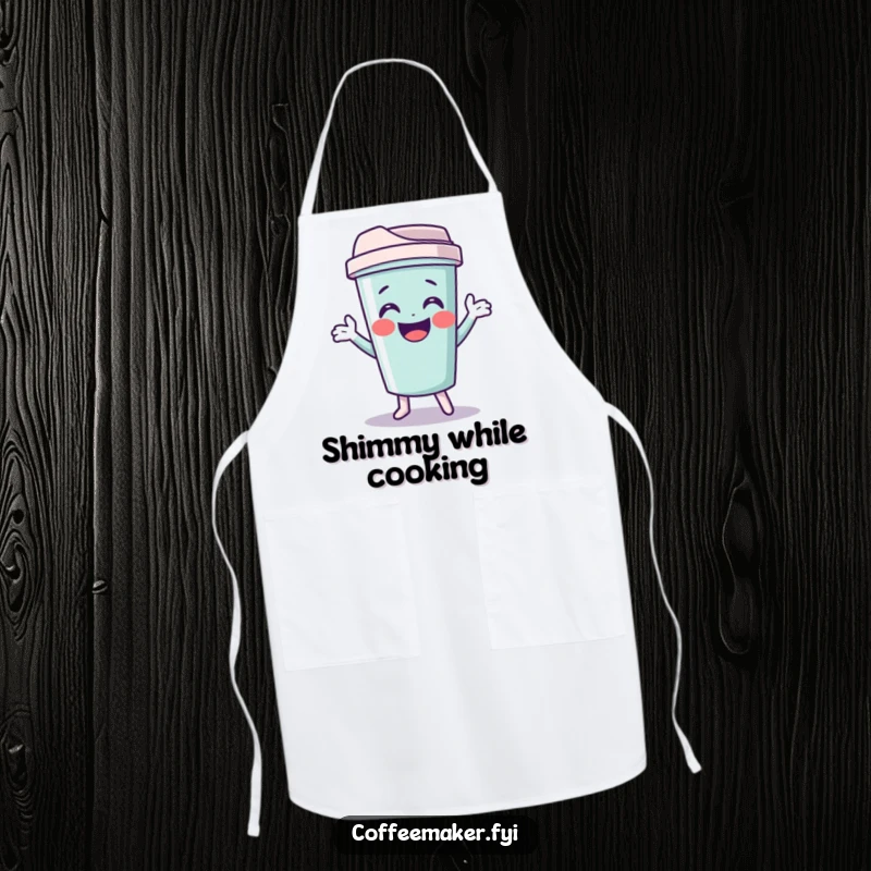 Funny travel mug apron with a giggling character doing a funny shimmy, perfect for cooking and baking.