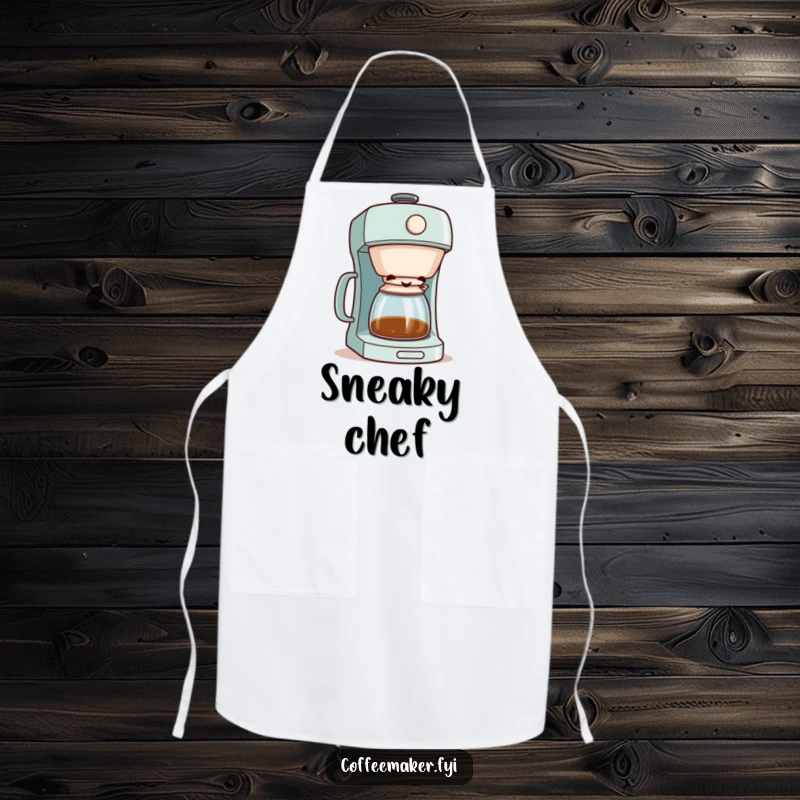 Funny coffee maker character peeking with a mischievous grin from its lid, on a practical and humorous kitchen apron.