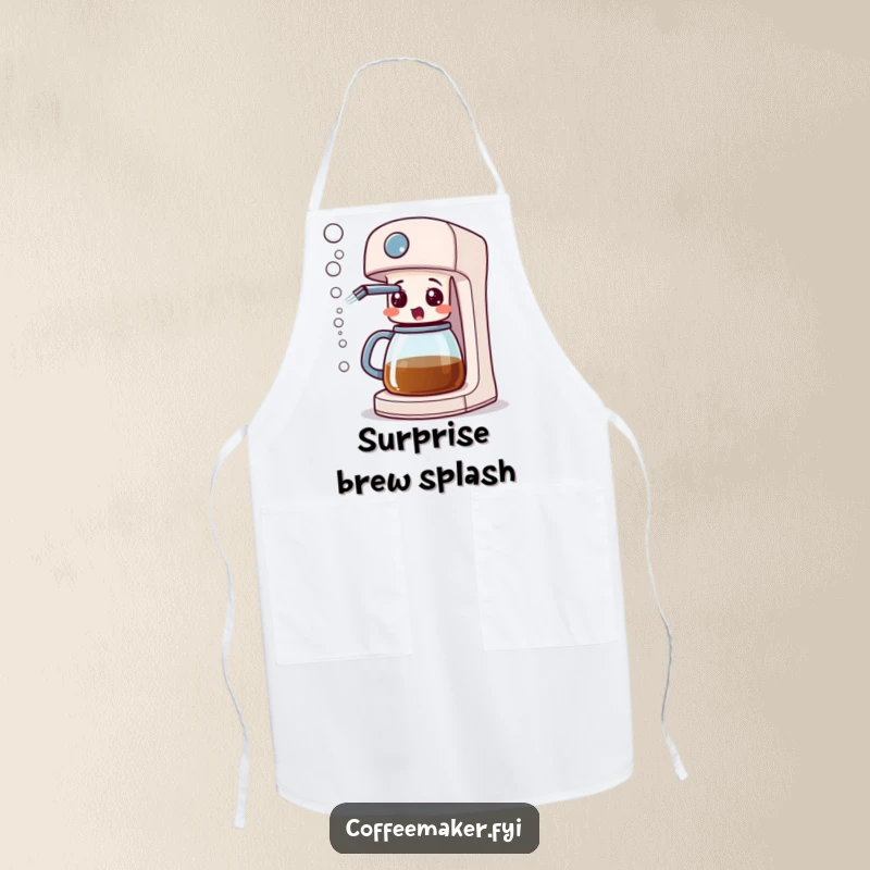 Funny coffee maker machine looking surprised and spraying bubbles, shown on a stylish and protective kitchen apron.