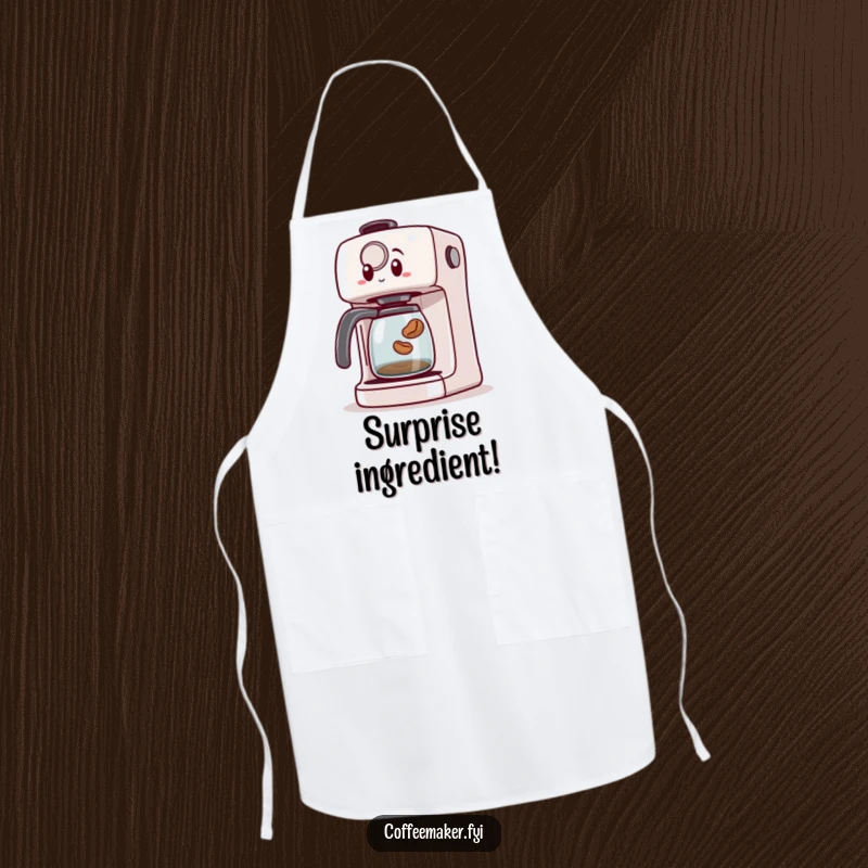 Funny apron showing a surprised coffee maker machine as a tiny coffee bean jumps out, perfect for messy kitchen tasks with a humorous twist.