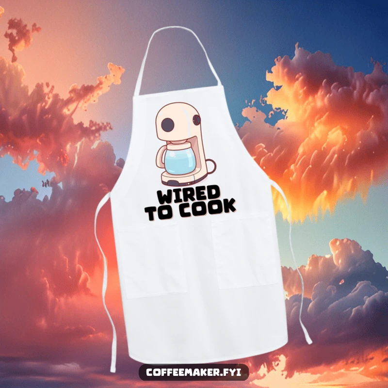 Funny apron featuring a coffee maker wiggling its power cord like a tail, adding humor and protection to kitchen activities.