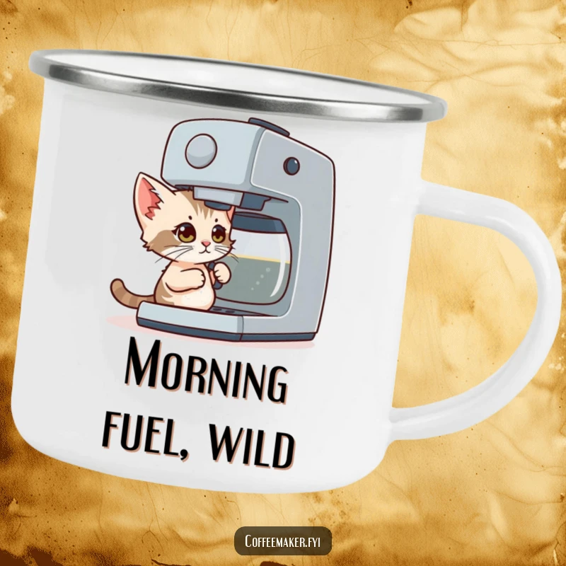 Funny Camping Mug: A tiny kitten with determined eyes attempts to operate a giant coffee maker in an outdoor setting.