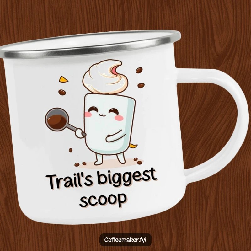 Funny coffee scoop character making a large scoop, on a durable camping mug for adventures.