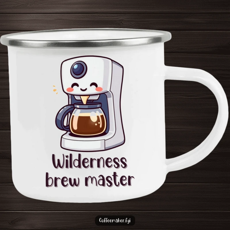 Funny Kawaii coffee maker character brewing coffee on a durable camping mug, ready for adventure.