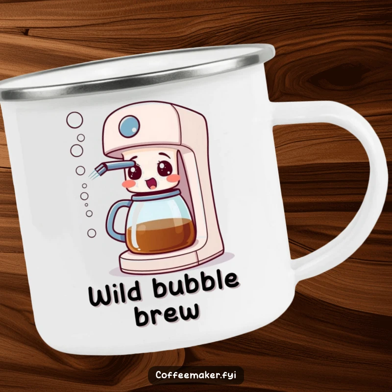A surprised coffee maker machine spraying bubbles from its spout, illustrated on a rugged enamel camping mug.