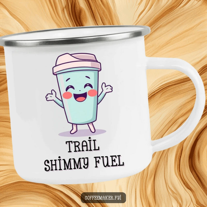 Funny travel mug camping mug with a giggling character doing a funny shimmy, designed for outdoor adventures.