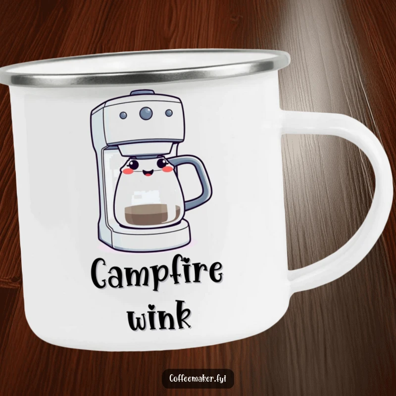 A coffee maker machine winking with its brewing light, illustrated on a rugged enamel camping mug for outdoor fun.