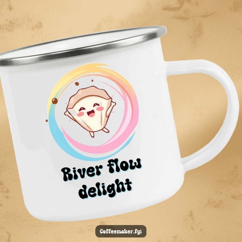 Funny delighted coffee filter character floating in a swirl, on a durable camping mug for adventures.