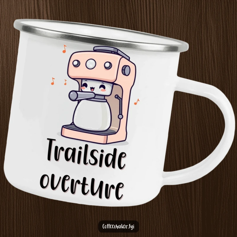 Funny camping mug featuring a coffee maker character conducting with its wiggling knobs, perfect for sipping coffee during outdoor adventures.