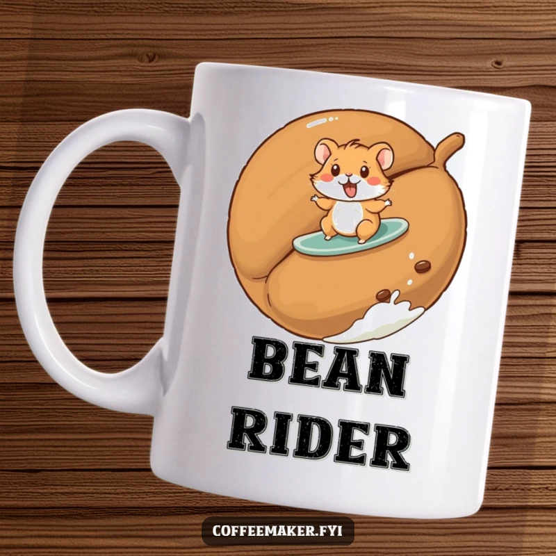 Funny hamster mug showing a playful hamster surfing on a giant roasted coffee bean, capturing adventure.