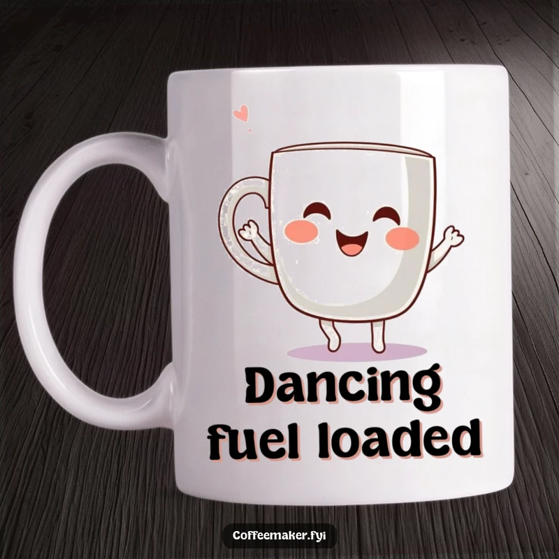 Funny Kawaii Coffee Mug with a cheerful character dancing joyfully, radiating energy and happiness with every sip.