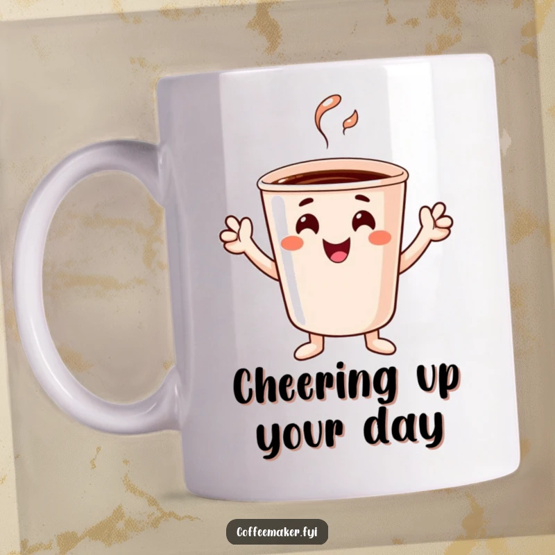 Funny cheerful coffee cup character with tiny hands raised in celebration, printed on a vibrant mug.