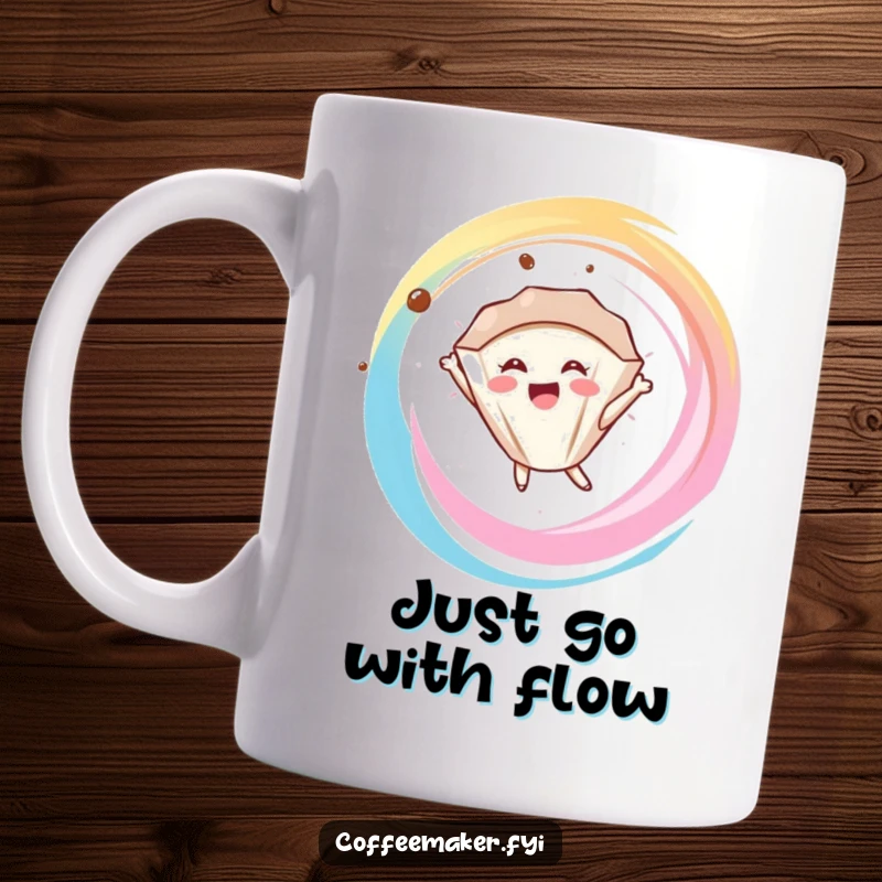Funny delighted coffee filter character floating joyfully in a colorful coffee swirl, printed on a mug.