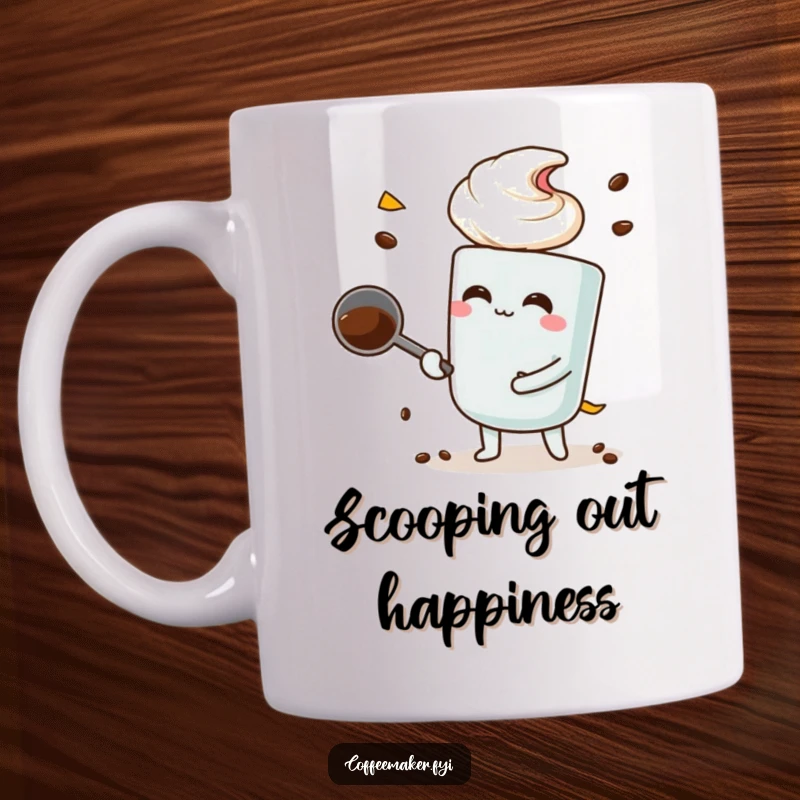 Funny coffee scoop character performing a comically large scoop of coffee beans, printed on a mug.