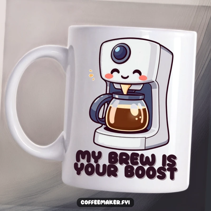 Funny Kawaii coffee maker character enthusiastically brewing a vibrant, colorful coffee drink, perfect for a morning boost.
