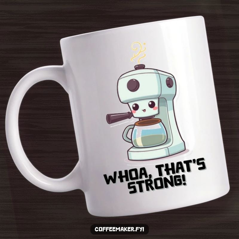 Funny Surprised Coffee Maker Mug: Coffee machine with wide eyes and puffing steam, expressing shock and morning grogginess.