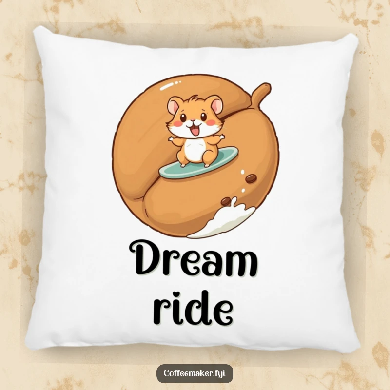 Funny hamster pillow with a playful hamster surfing on a giant roasted coffee bean, offering cozy fun.