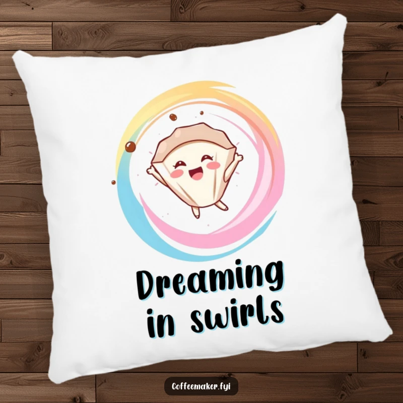 Funny delighted coffee filter character floating in a swirl, featured on a soft and comfortable pillow.