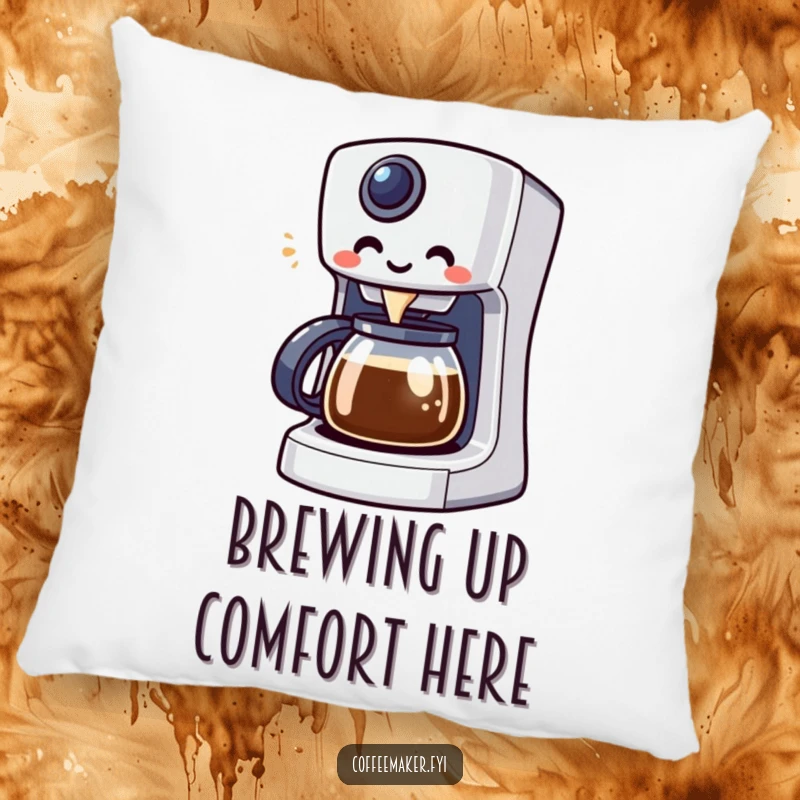 Funny Kawaii coffee maker character enthusiastically brewing coffee, featured on a soft, comfortable pillow.