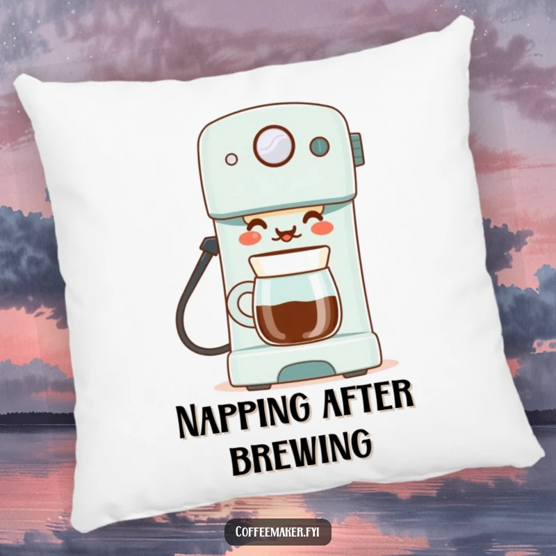 Funny decorative pillow with a proud coffee maker serving a perfect cup, providing cozy comfort and celebrating brewing excellence.