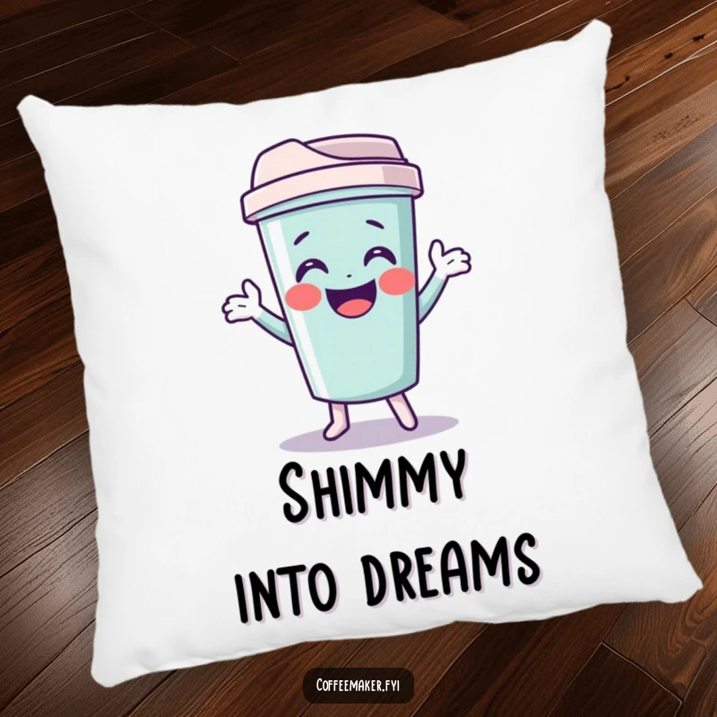 Funny travel mug pillow with a giggling character doing a funny shimmy, providing comfort and a cheerful vibe.