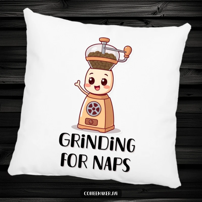Funny cartoonish coffee grinder character happily spinning its mechanism on a plush pillow, radiating energy and cheerfulness.