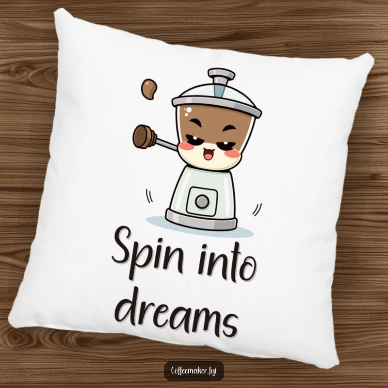 Funny Pillow: A mischievous coffee grinder character spinning rapidly, offering comfort and playful coffee-themed enjoyment.