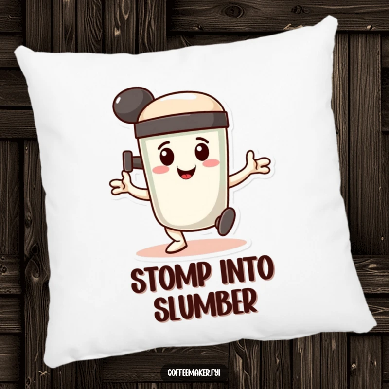 Funny Pillow: A smiling coffee tamper character doing a determined, stamping dance, offering comfort and coffee-themed relaxation.