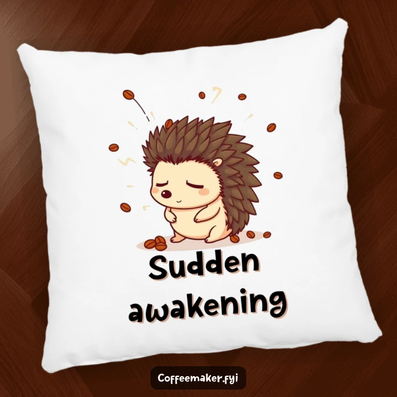 Funny hedgehog pillow with a sleepy hedgehog in a coffee bean hat startled by a steam explosion.