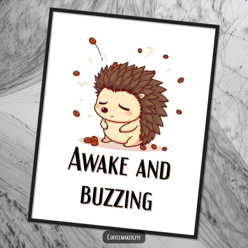 Funny hedgehog digital art print of a sleepy hedgehog in a coffee bean hat startled by a steam explosion.