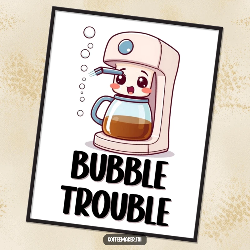A surprised coffee maker machine spraying bubbles from its spout, available as a high-resolution digital art print.