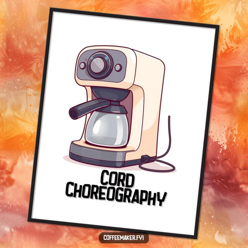 A coffee maker machine doing a silly dance with its cords, available as a high-resolution digital art print.