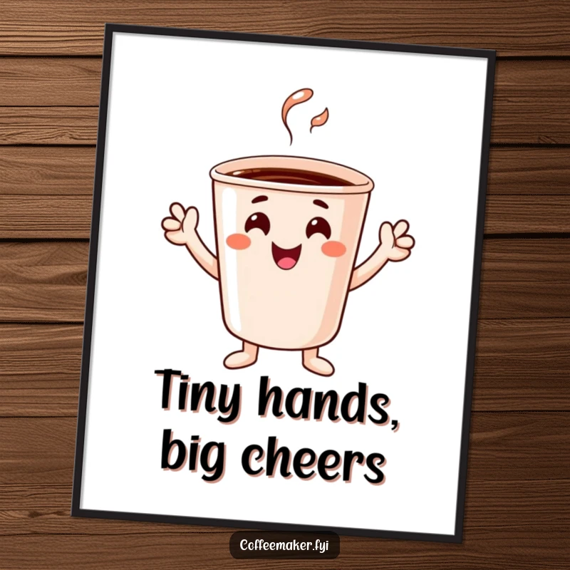 Funny cheerful coffee cup character with tiny hands celebrating, available as a downloadable digital art print.