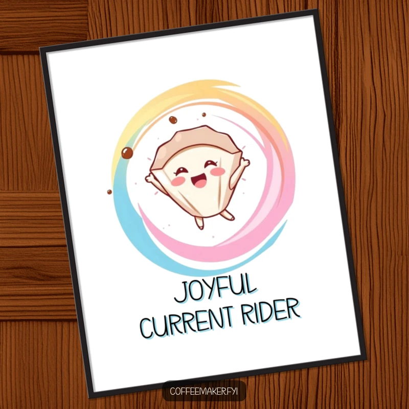 Funny delighted coffee filter character floating joyfully in a swirl, available as a digital art print.