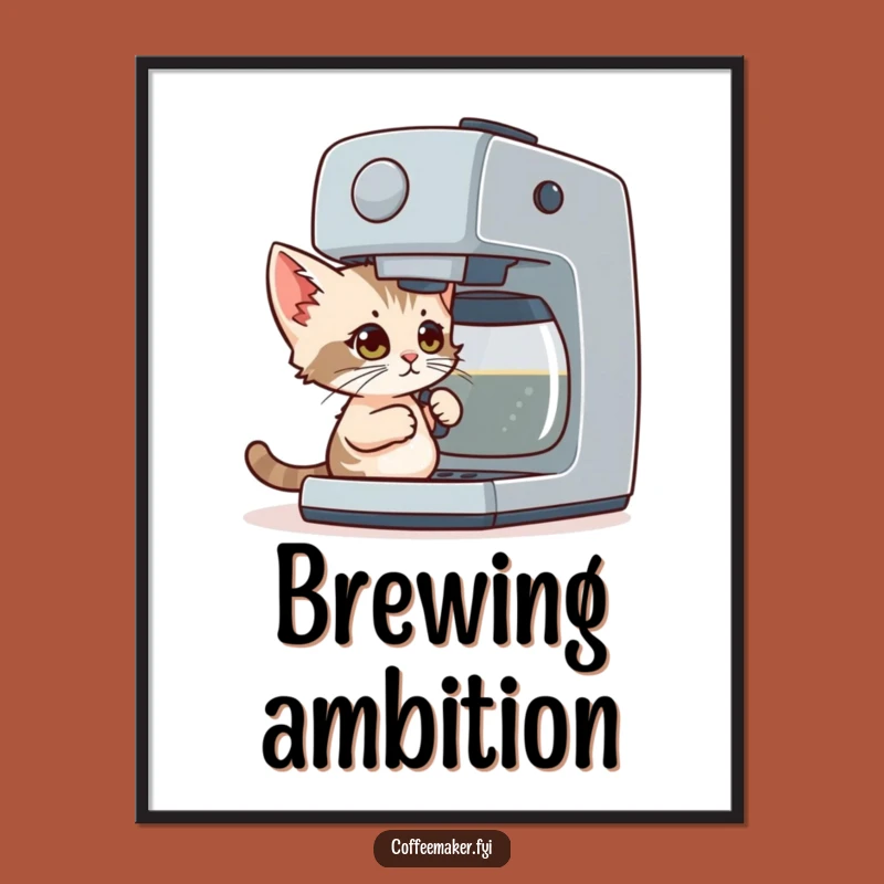 Funny Coffee Kitten Digital Print: Determined Tiny Cat Brews His Own Adventure