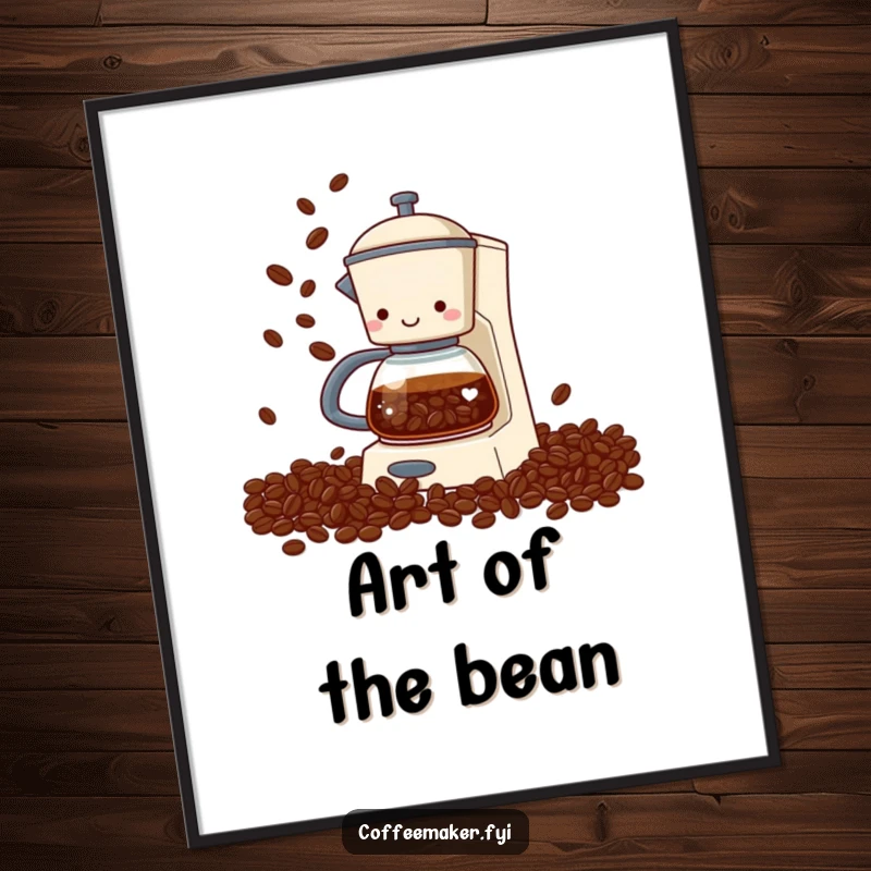 Funny coffee maker digital art print showcasing a coffee maker juggling coffee beans with its spout, a vibrant and humorous illustration.