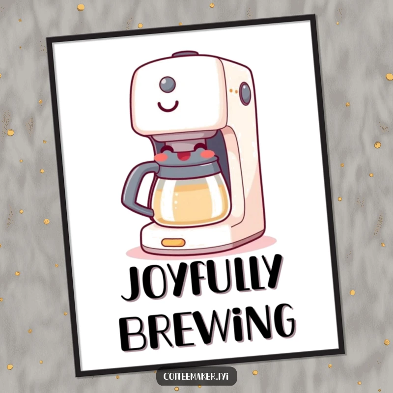 Funny digital art print of a coffee maker machine boiling happily with a big, infectious grin, radiating morning cheer and energy.