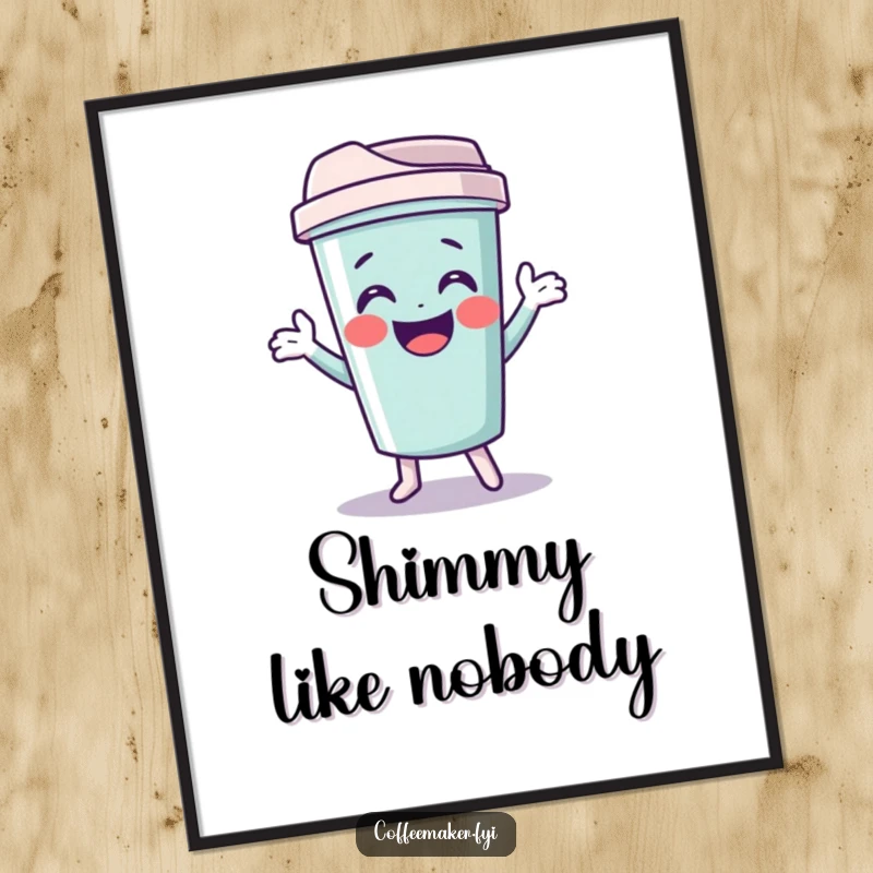 Funny travel mug digital art print of a giggling character doing a funny shimmy, perfect for adventurous decor.