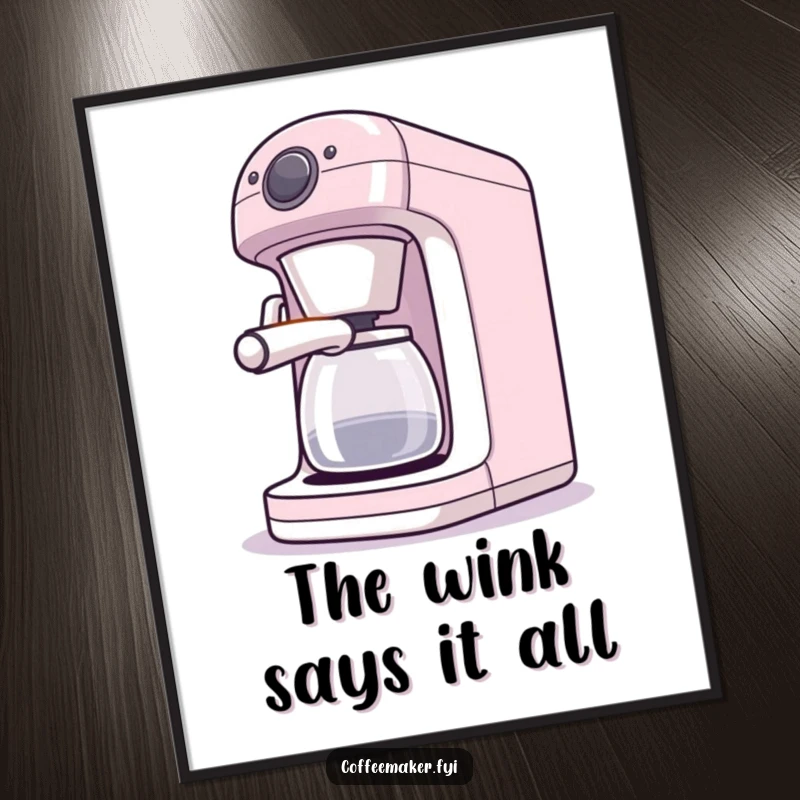 Funny digital art print of a coffee maker machine playfully winking its light, perfect for fun decor.