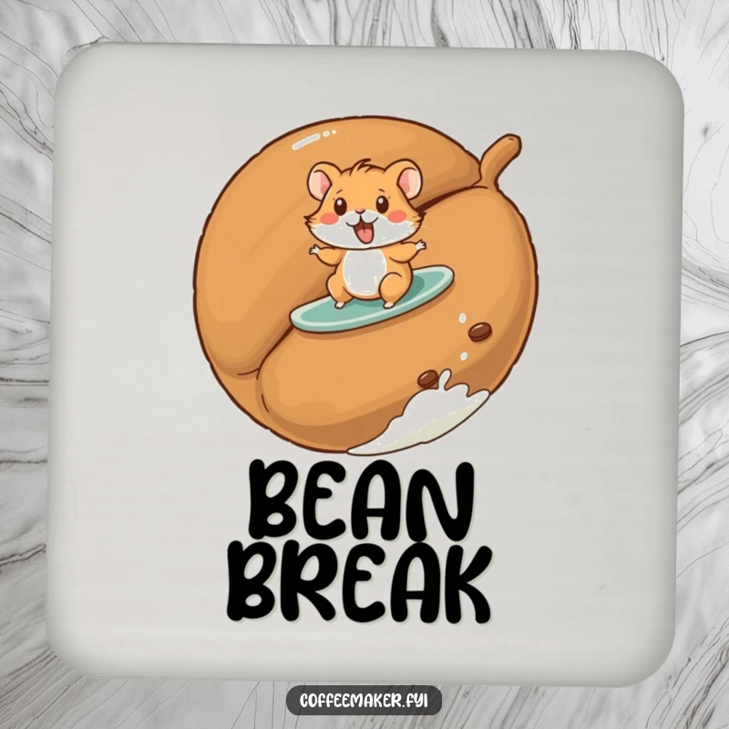 Funny hamster drink coaster with a playful hamster surfing on a giant roasted coffee bean, protecting surfaces humorously.