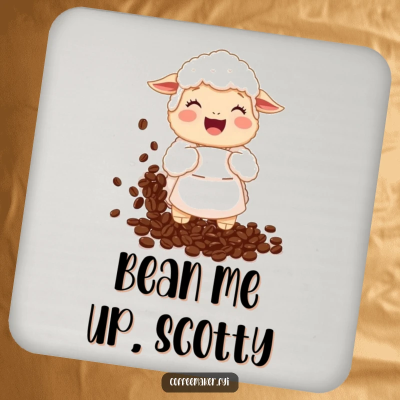 Funny Coaster: A giggling sheep in a small apron is spilling a large amount of coffee beans, protecting surfaces.