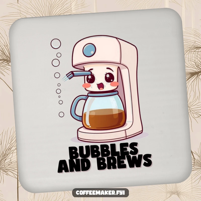 Funny coffee maker machine with a surprised expression spraying bubbles, depicted on coasters to protect furniture.